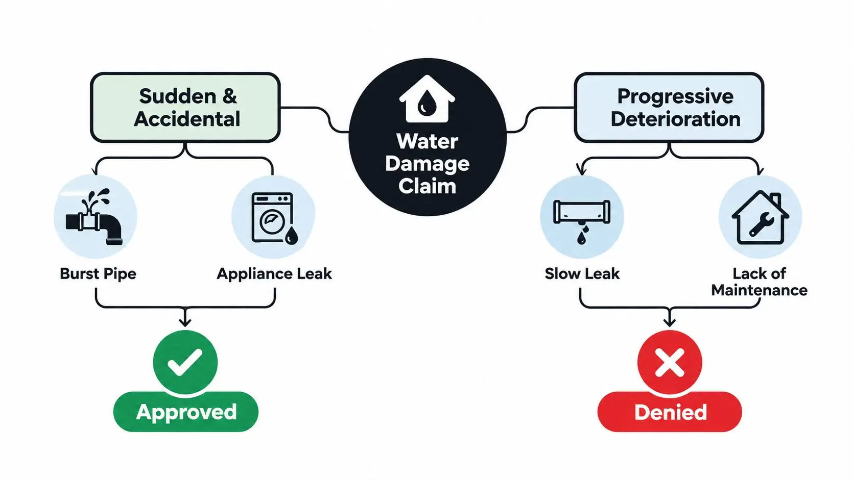 A diagram illustrating water damage insurance claims categorized by sudden accidents versus progressive deterioration with approval outcomes.