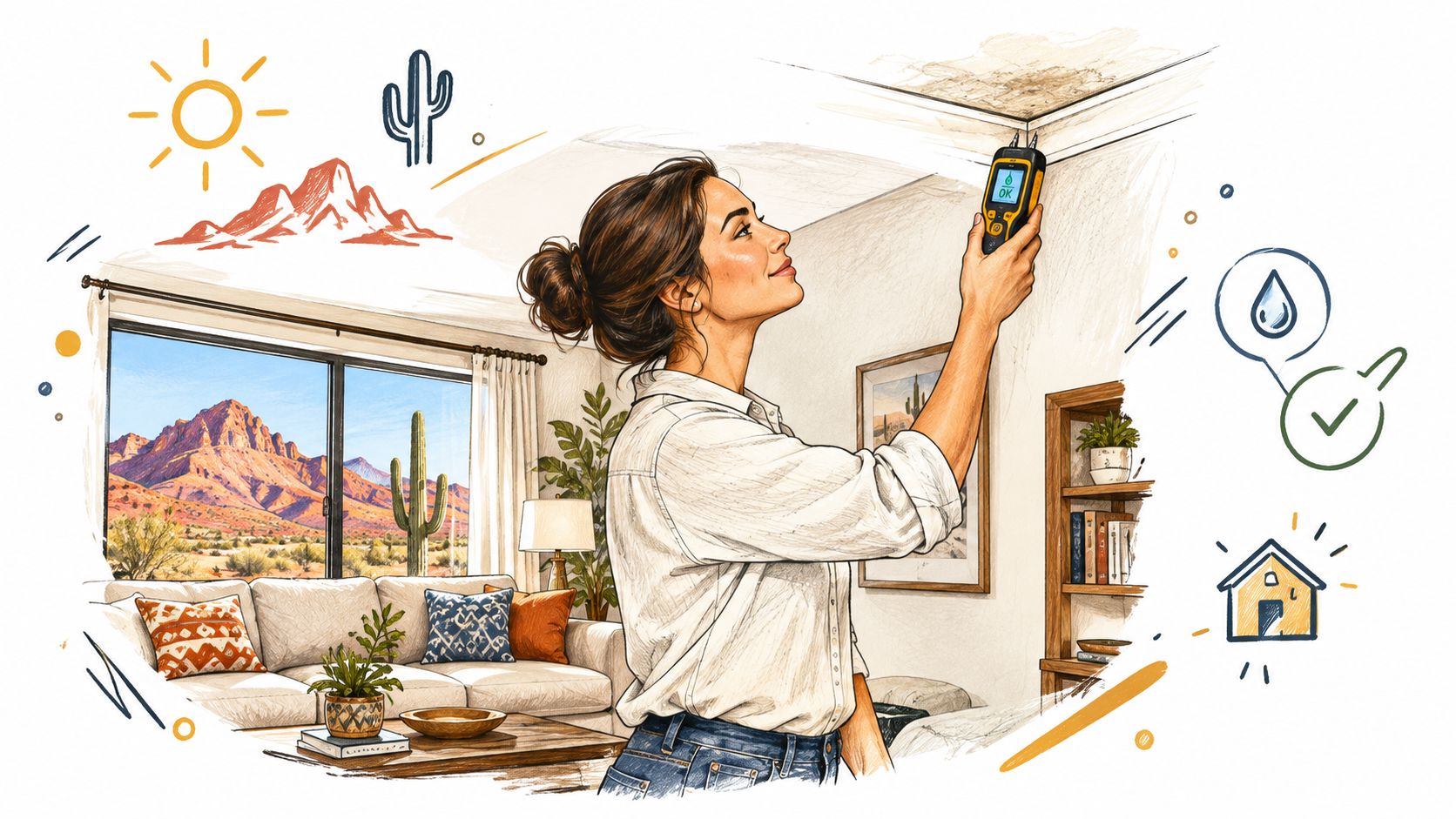 A woman using a handheld moisture meter to check for water damage on her living room ceiling.