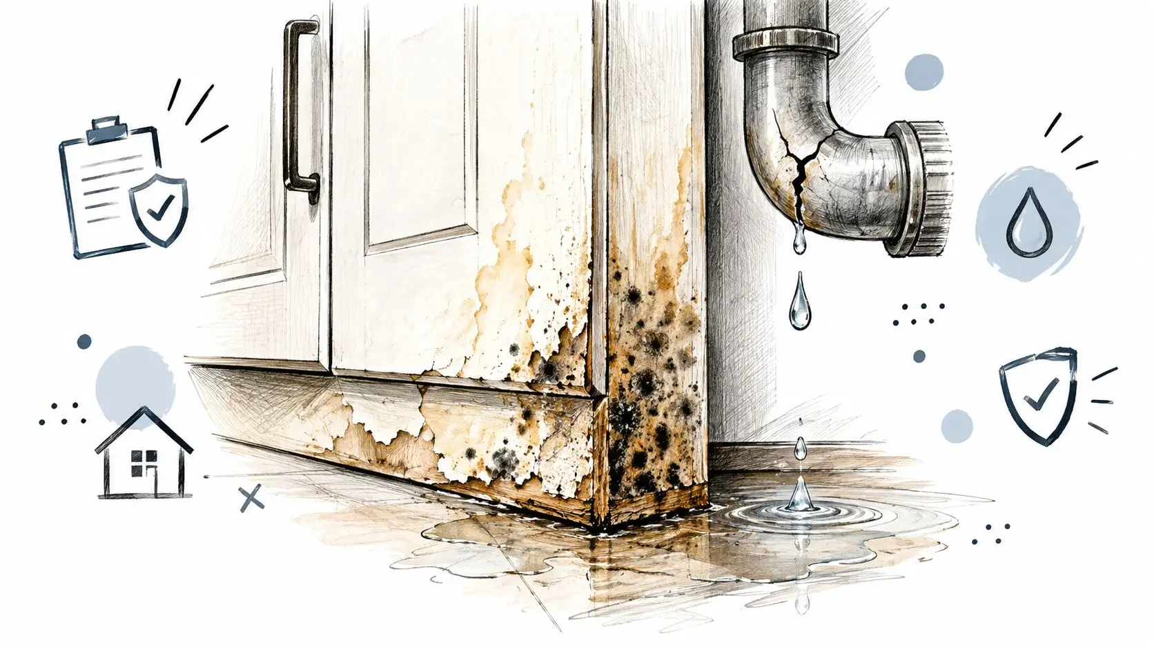 A sketched illustration showing severe mold growth and water damage on wooden cabinets from a leaking pipe.