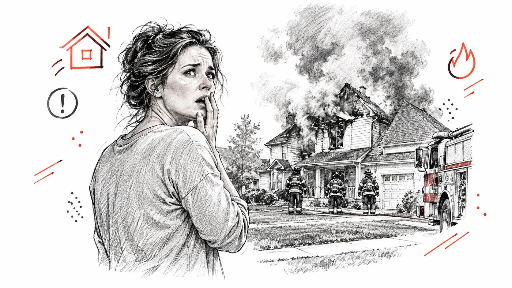 A worried woman looking at her burning house as firefighters work to extinguish the blaze.