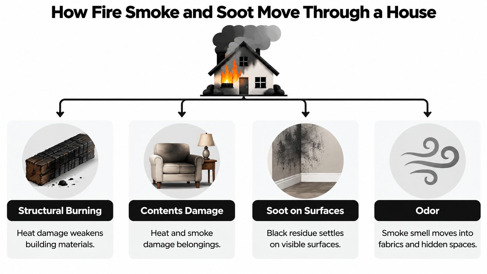 An infographic illustrating how fire smoke and soot cause structural damage, contents damage, surface soot, and lingering odors.