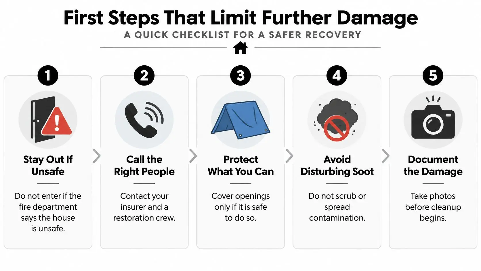 A five-step checklist illustrating important safety and recovery actions to take after fire and smoke damage occurs.