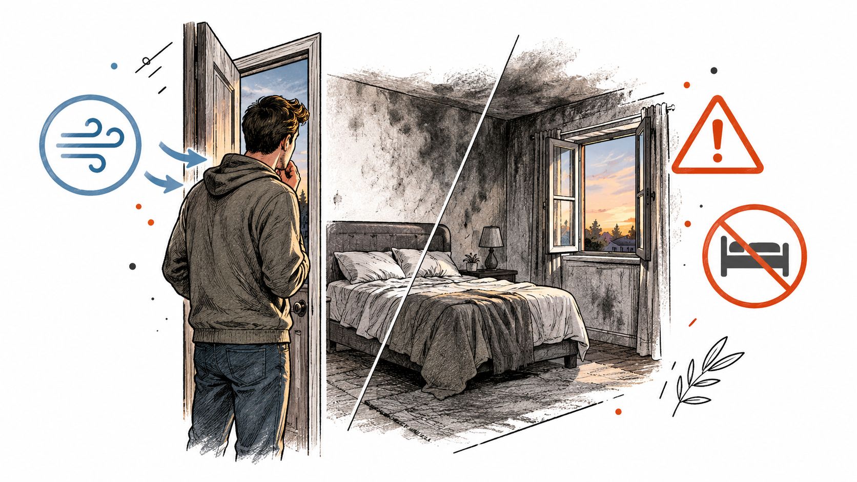 A man stands in a doorway looking at a bedroom with significant wall smoke and fire damage.