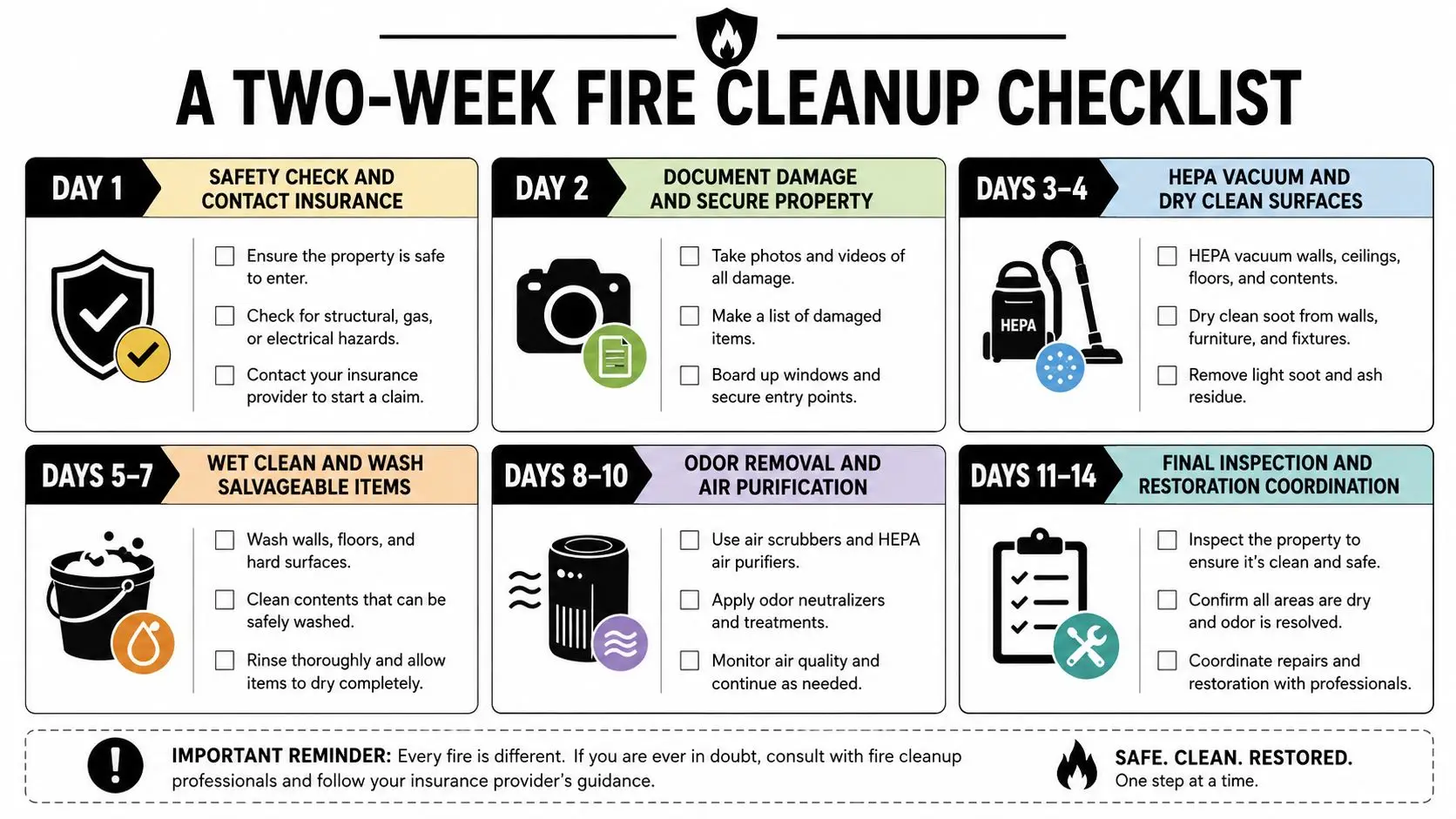 A comprehensive two-week fire cleanup checklist outlining essential safety, documentation, cleaning, and restoration steps for homeowners.