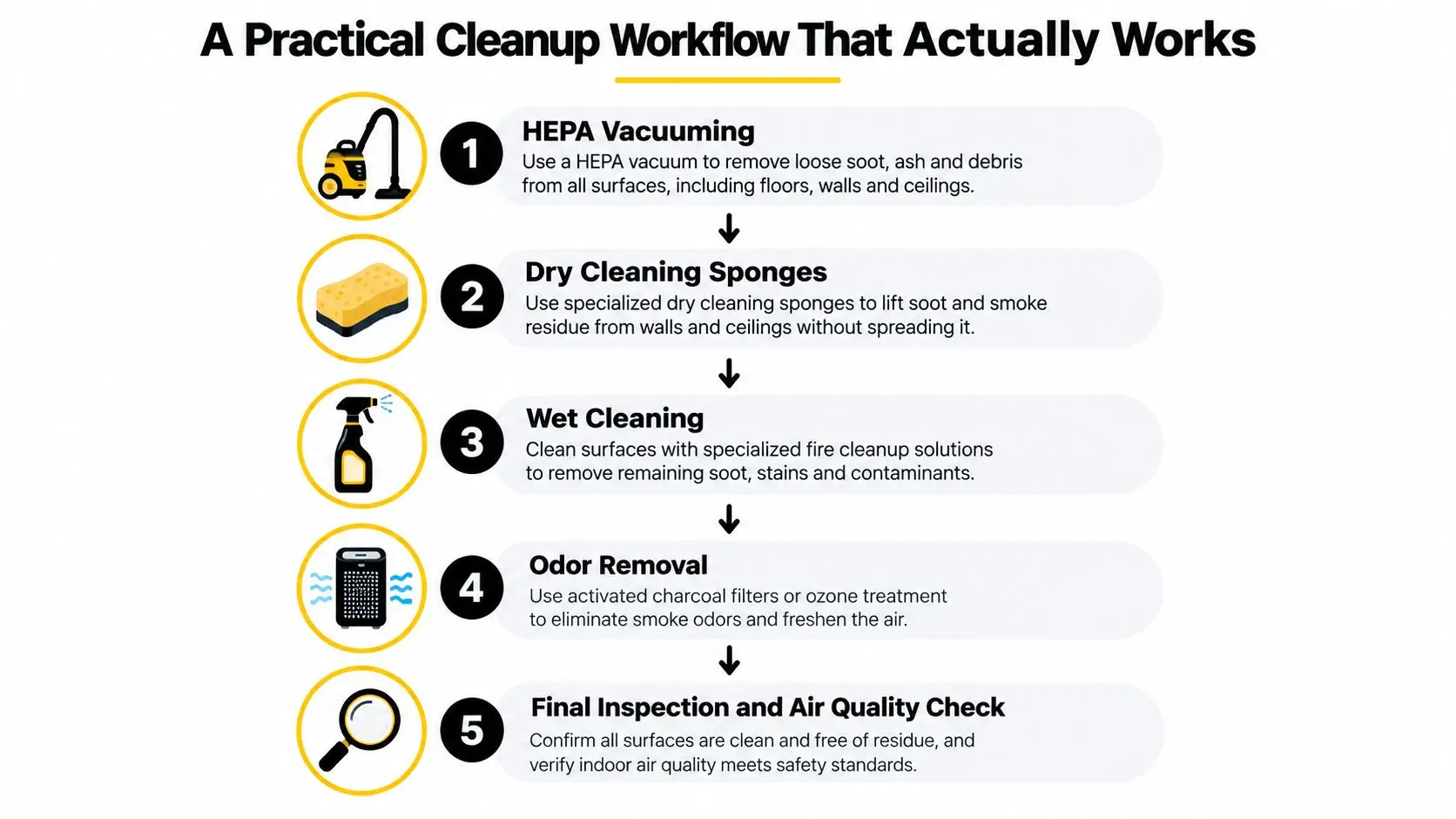A five-step infographic showing a practical, professional workflow for cleaning up after a fire damage incident.