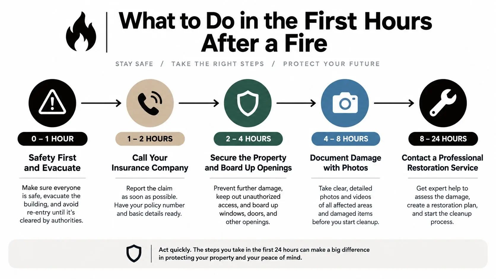 A timeline infographic outlining essential safety and recovery steps to take within the first 24 hours after a fire.