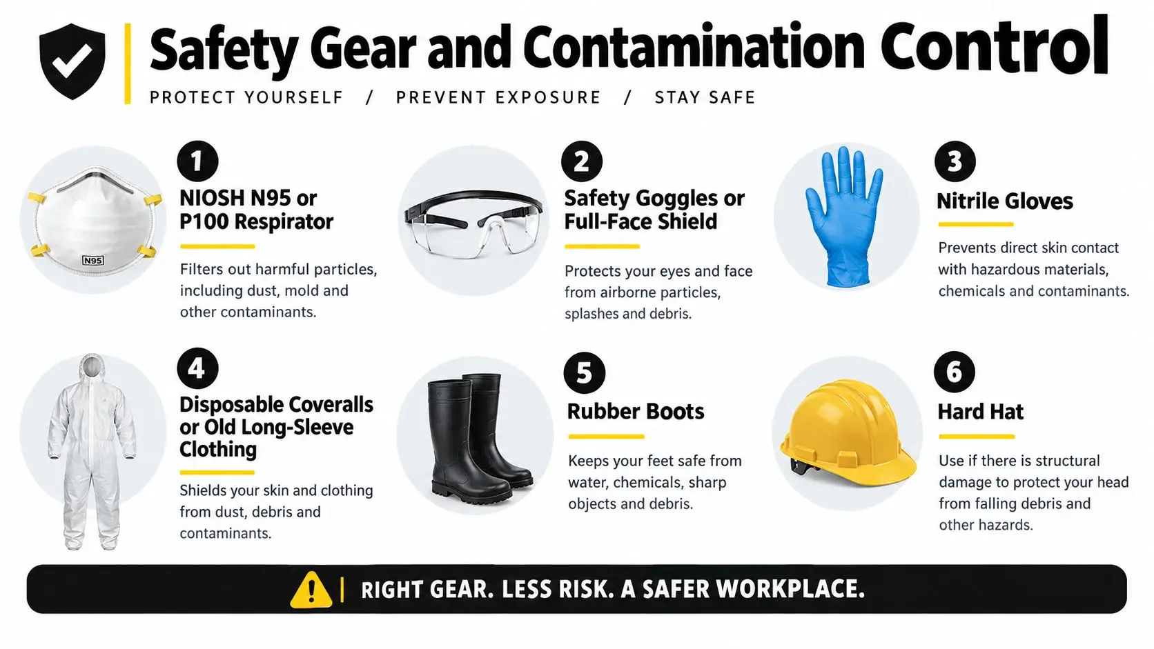 A safety infographic illustrating essential protective gear for fire cleanup to prevent exposure to harmful contaminants.