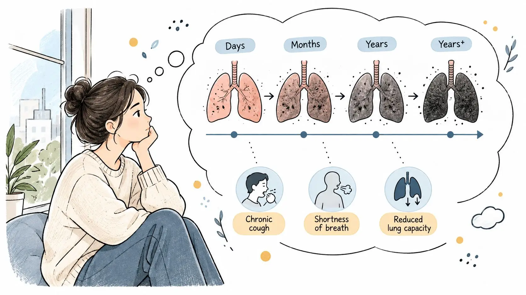 A woman thinking about the progressive damage of fire smoke to human lungs over days and years.