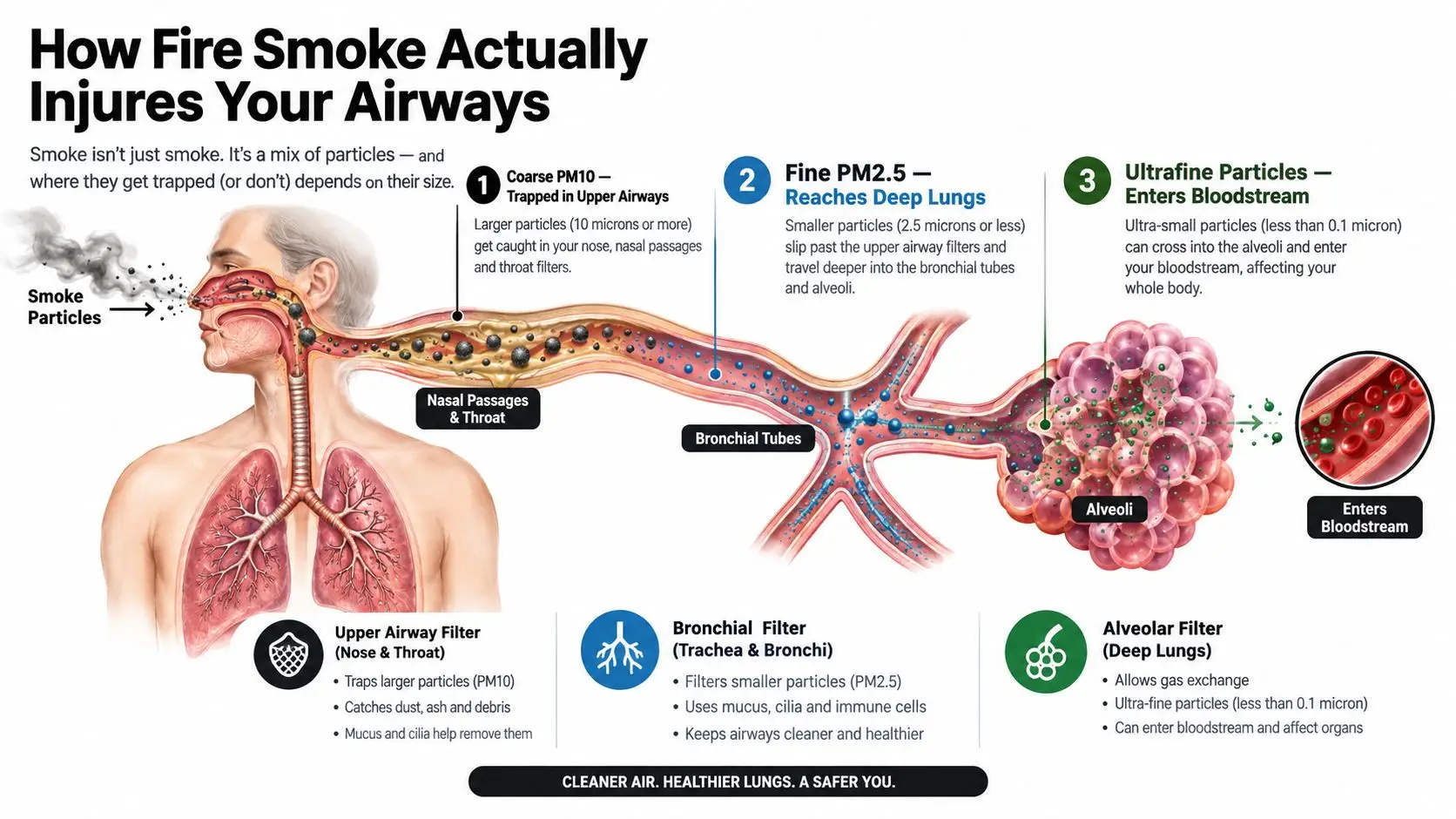 A diagram illustrating how different sizes of smoke particles travel and affect human lungs and bloodstream.