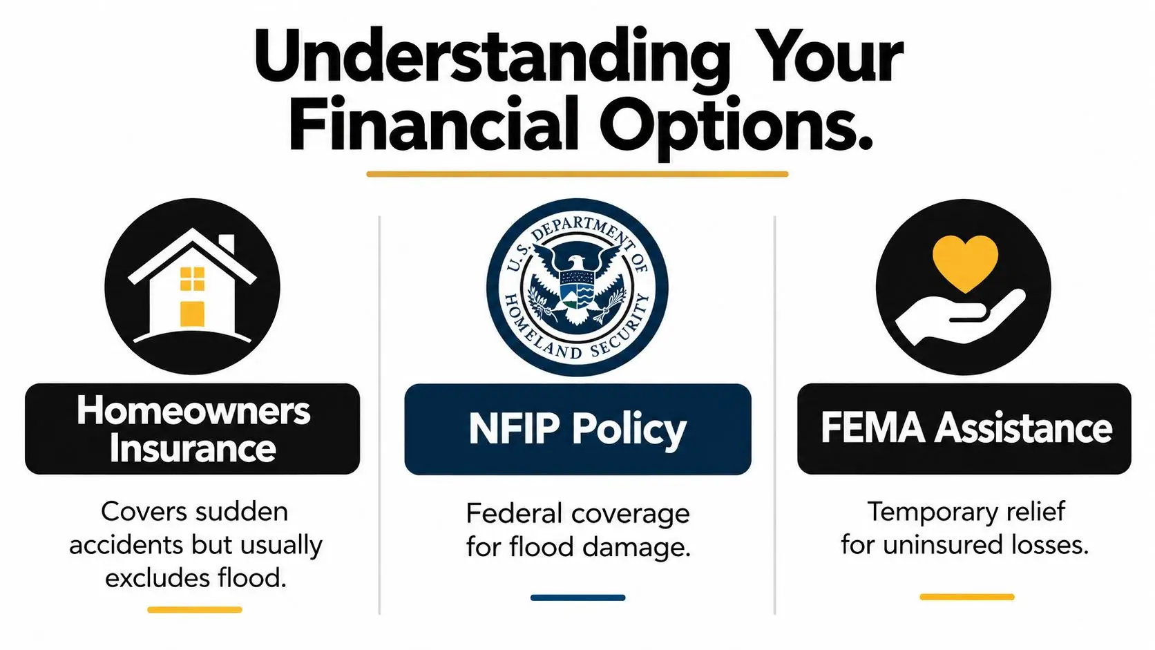 An infographic titled Understanding Your Financial Options outlining homeowners insurance, NFIP policy, and FEMA assistance for flood recovery.