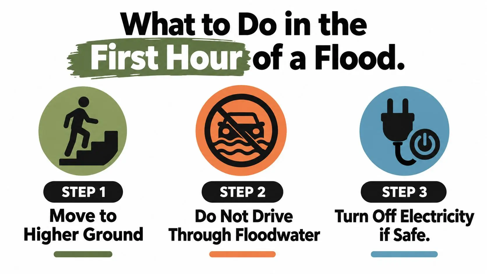An infographic titled What to Do in the First Hour of a Flood with three safety steps.