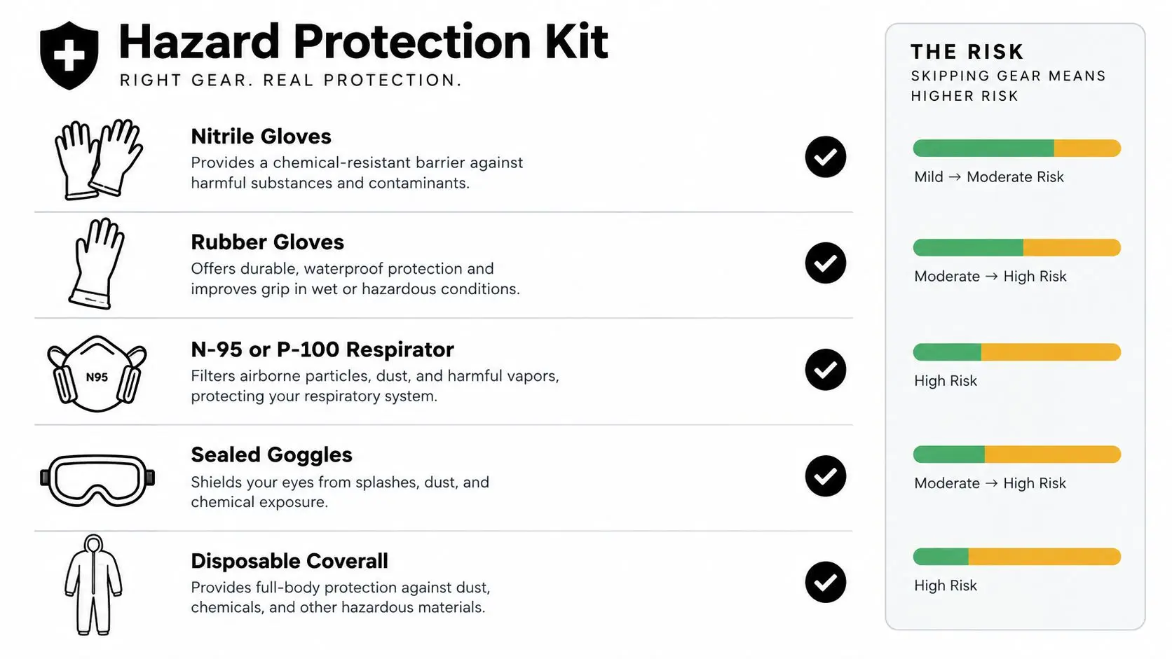 A safety infographic titled Hazard Protection Kit displaying essential protective equipment like gloves, respirators, goggles, and coveralls.