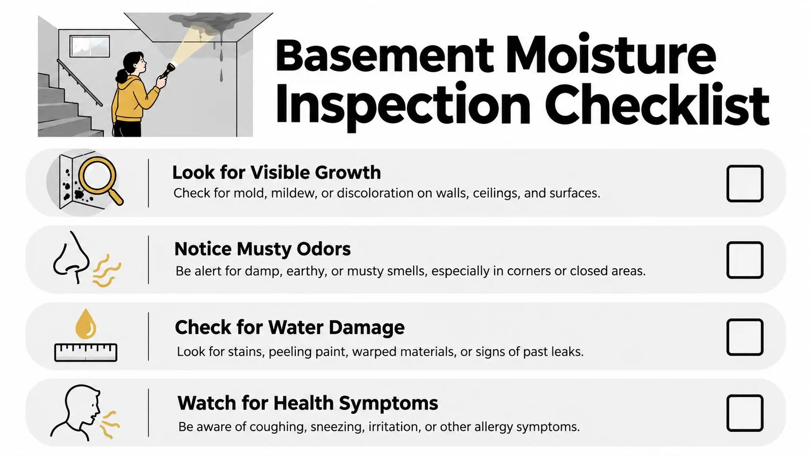 A basement moisture inspection checklist infographic showing four steps to detect potential mold and water issues.