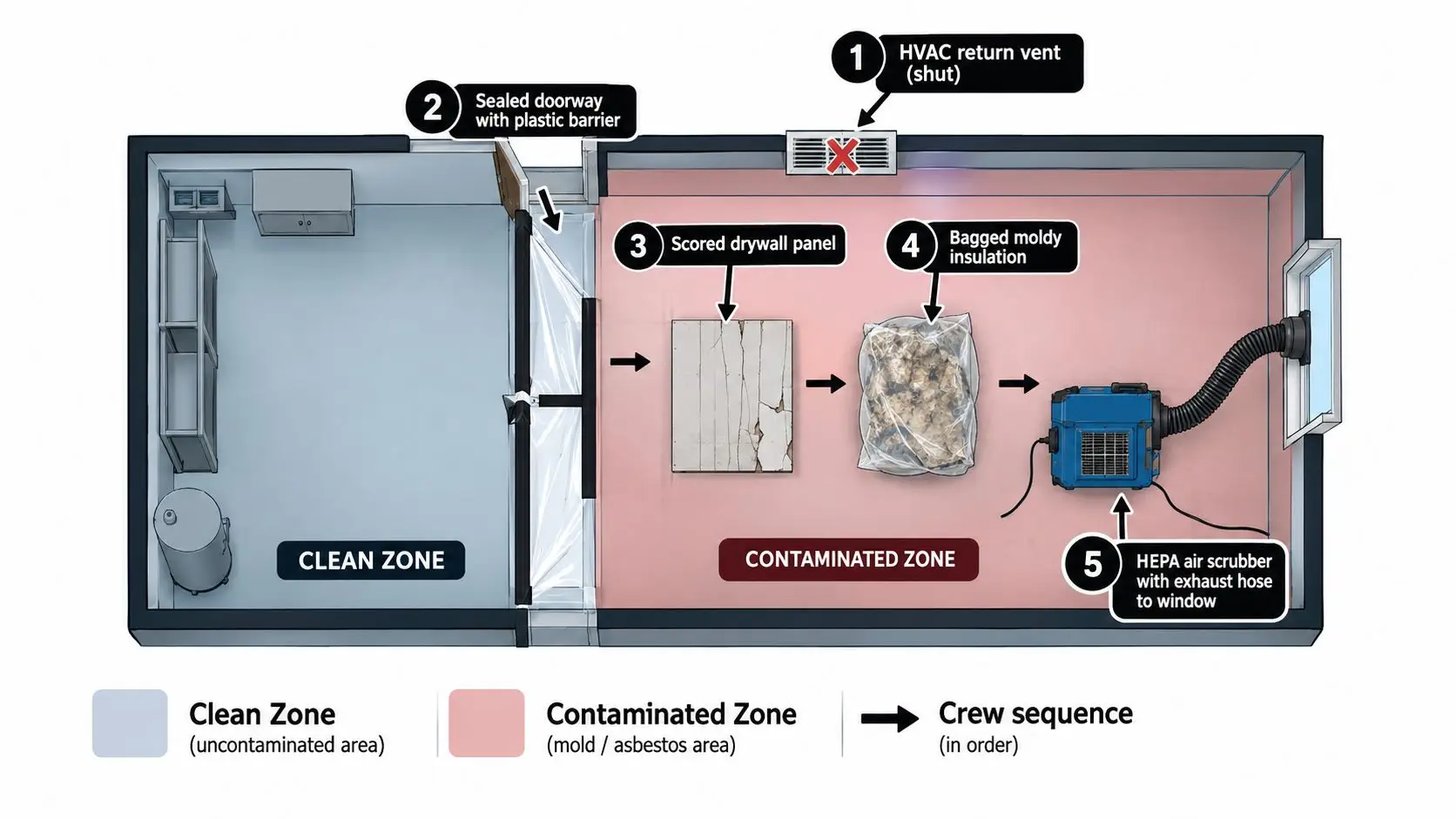 A diagram illustrating a professional mold remediation setup with sealed clean and contaminated zones in a room.