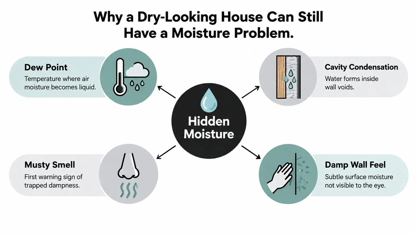 A diagram explaining four common causes of hidden moisture problems in seemingly dry residential houses.