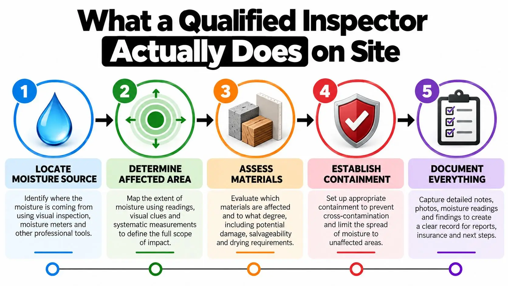 A five-step infographic showing the professional process of moisture inspection, assessment, and documentation for remediation.