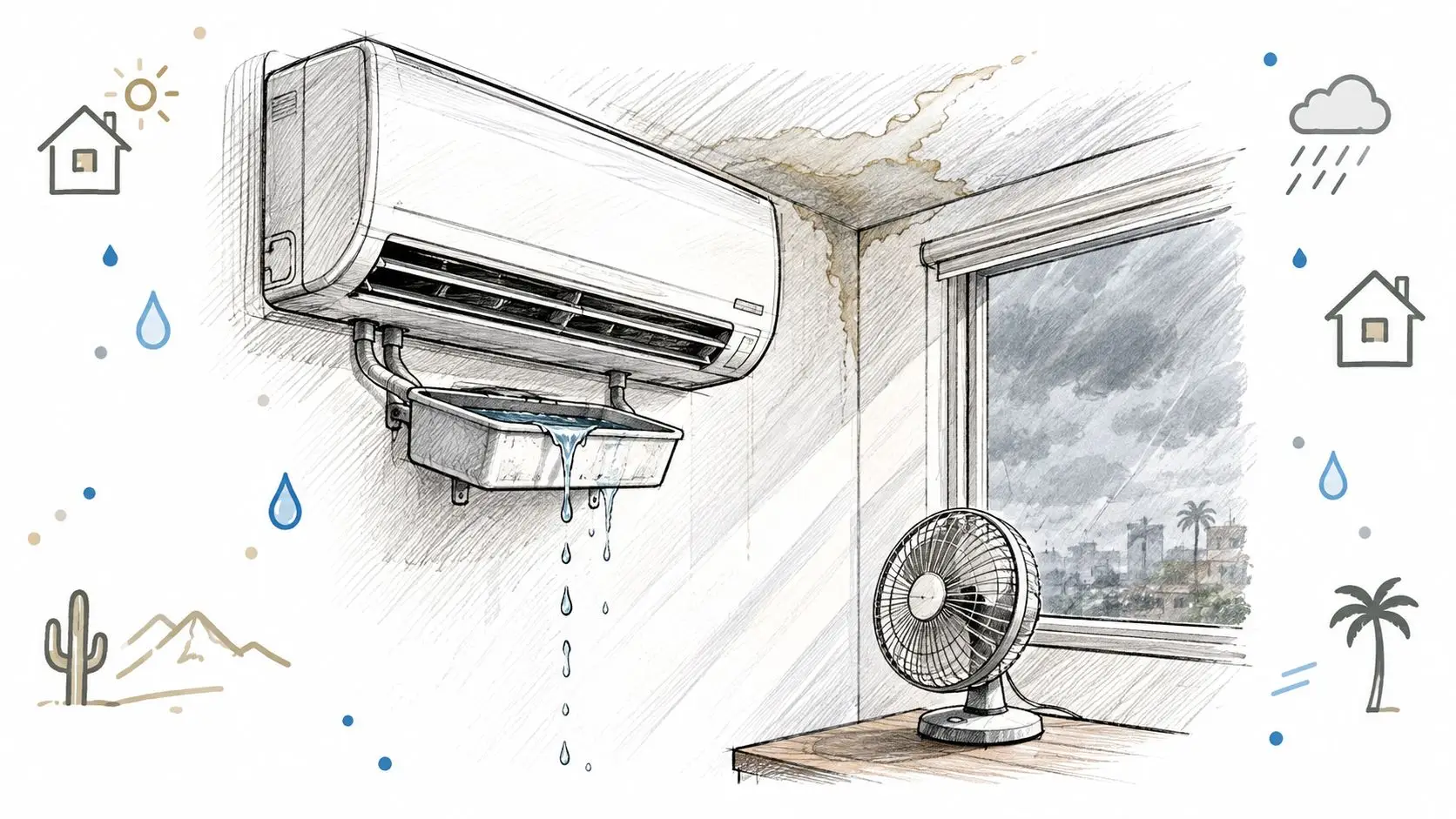 A leaking wall-mounted air conditioner dripping water into a tray inside a room with mold damage.