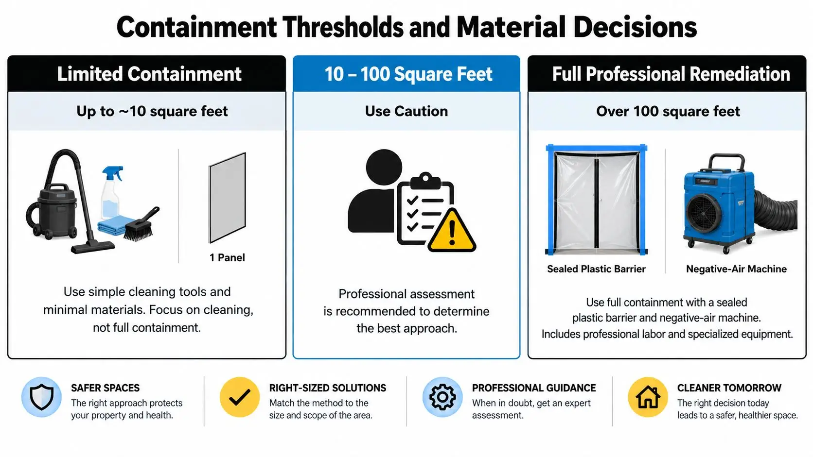 A chart detailing containment strategies for mold remediation based on the size of the affected area.
