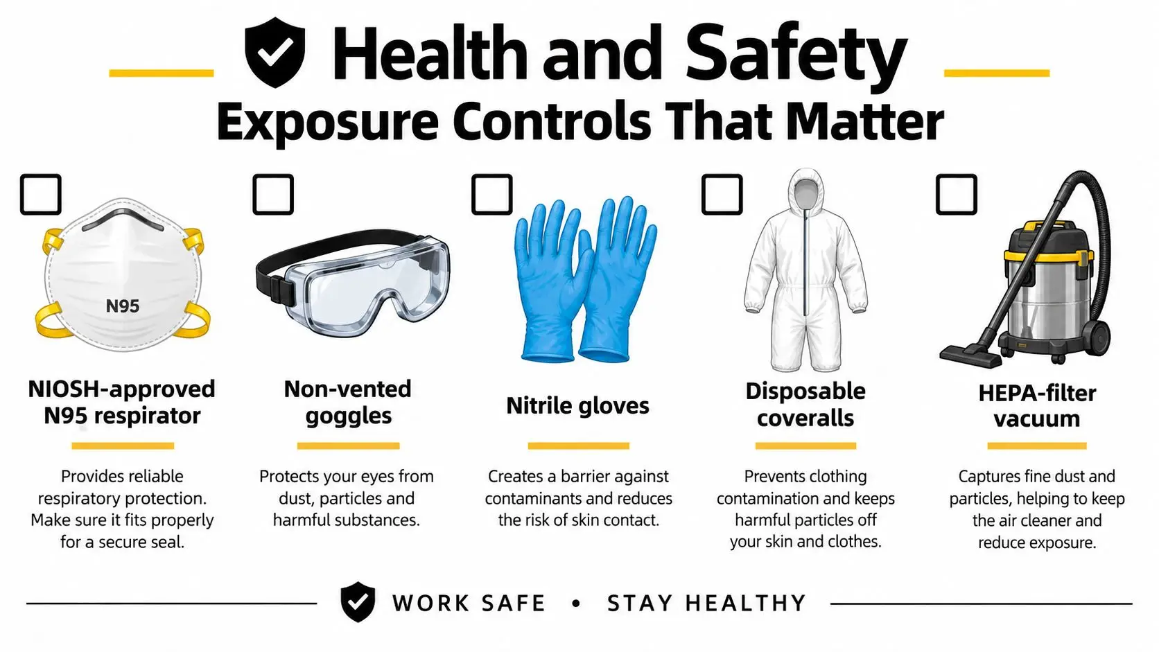 A safety poster illustrating essential protective equipment including an N95 respirator, goggles, gloves, coveralls, and HEPA vacuum.
