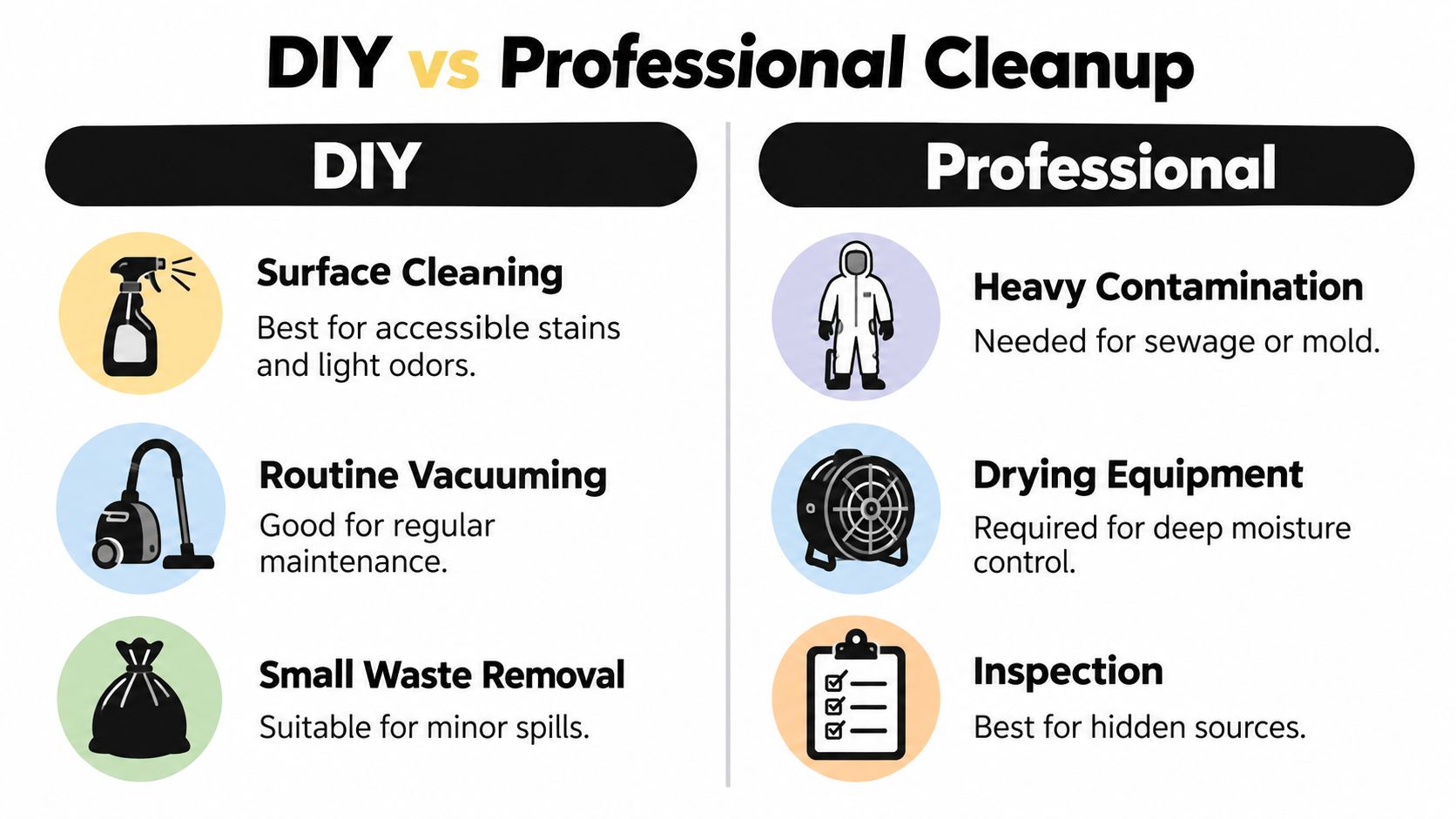 A comparison chart showing the differences between DIY cleaning methods and professional remediation services for household maintenance.