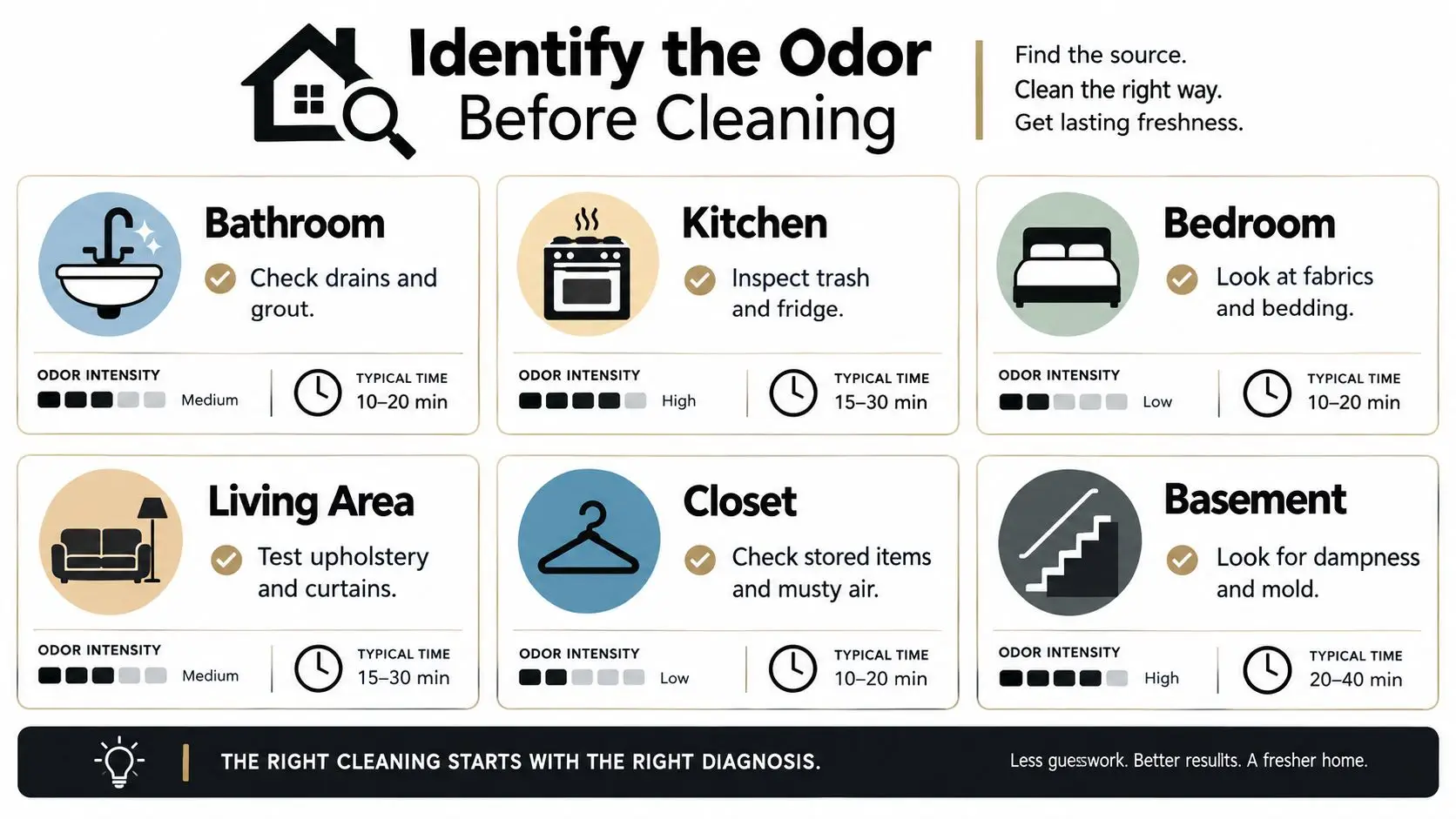An infographic titled Identify the Odor Before Cleaning, offering tips for locating smells in six household rooms.
