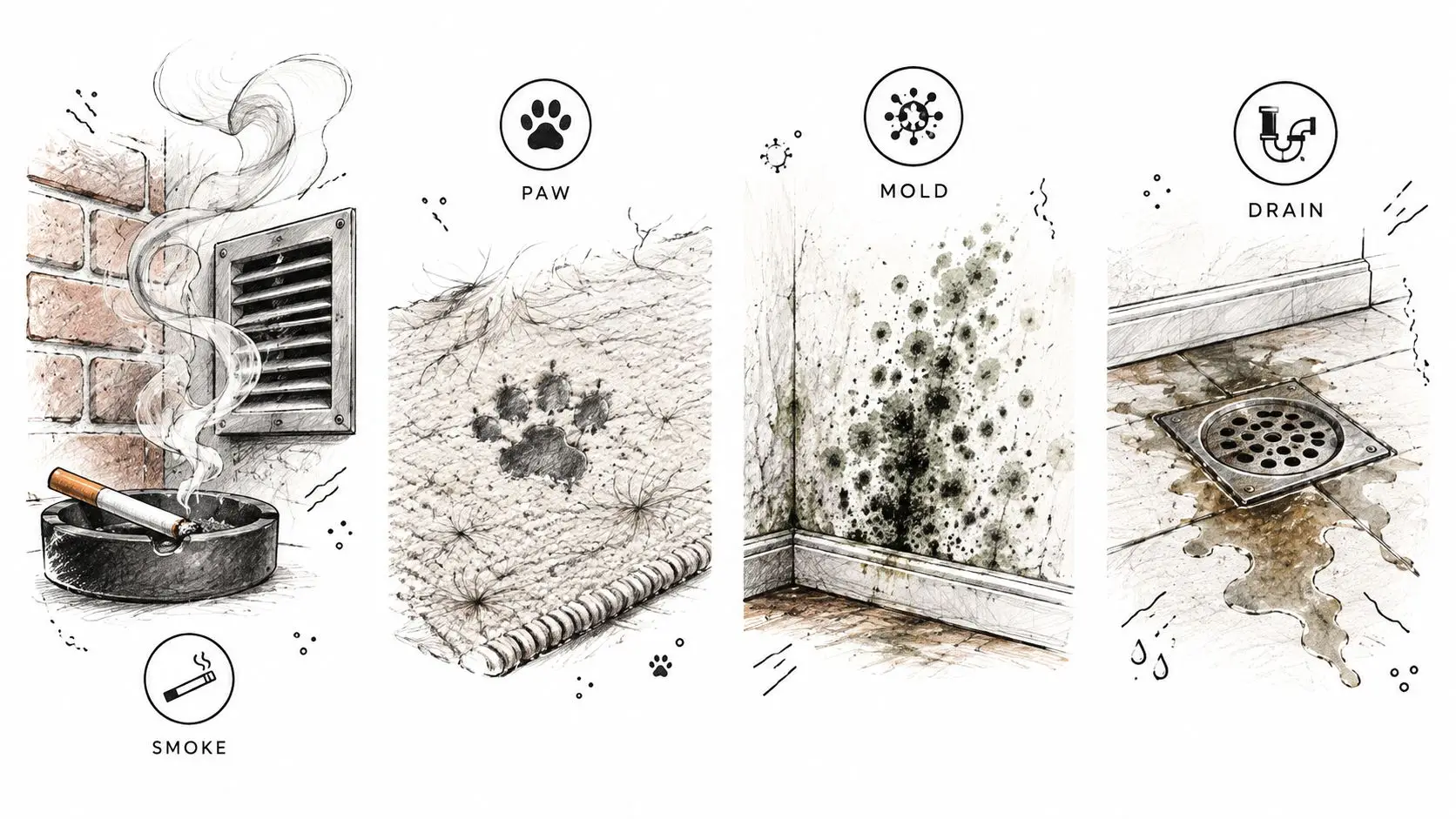 A hand-drawn illustration depicting common household sources of unpleasant odors, including cigarette smoke, pet prints, mold, and drains.