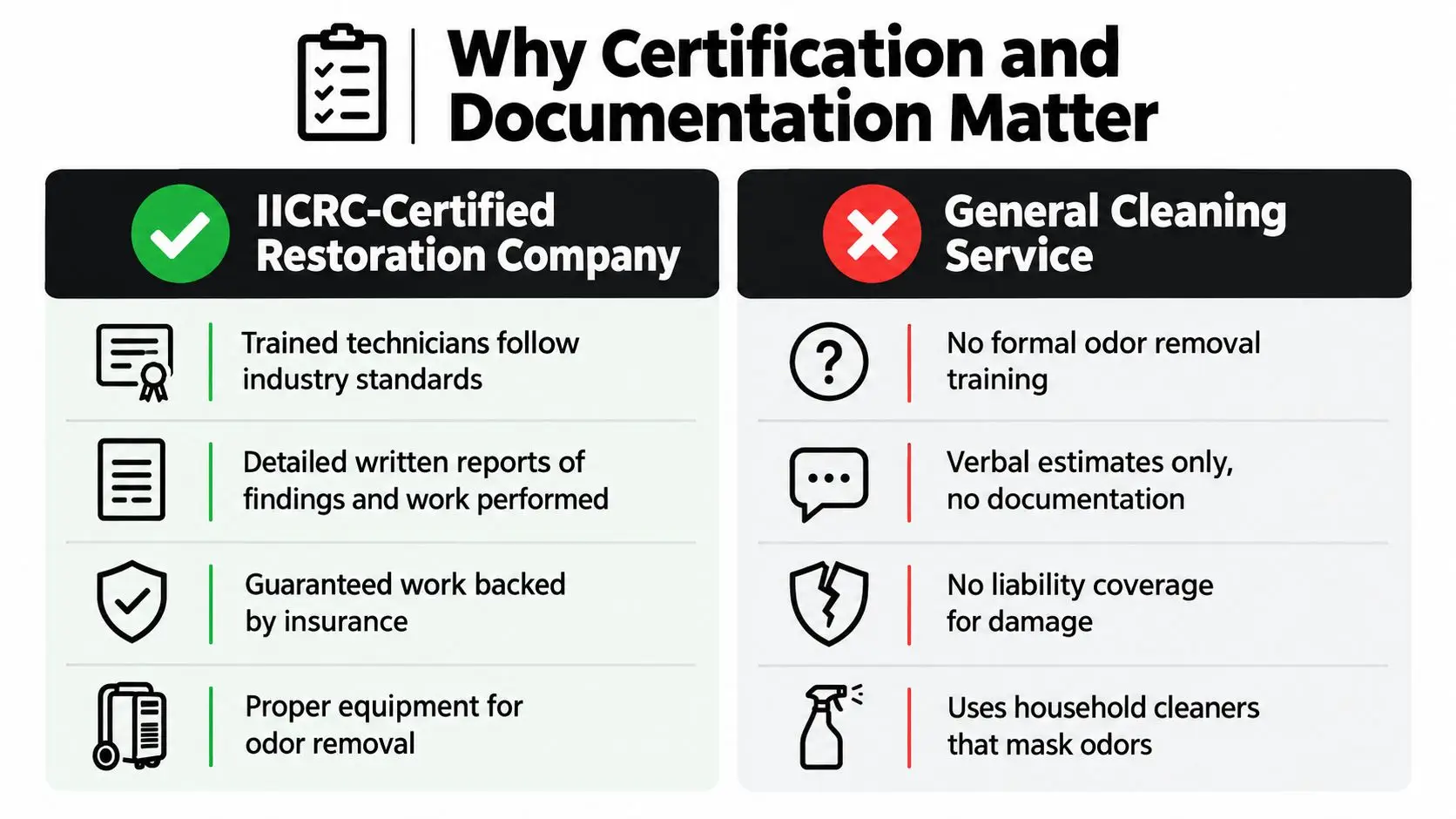 A comparison chart showing the benefits of hiring an IICRC-certified restoration company over a general cleaning service.