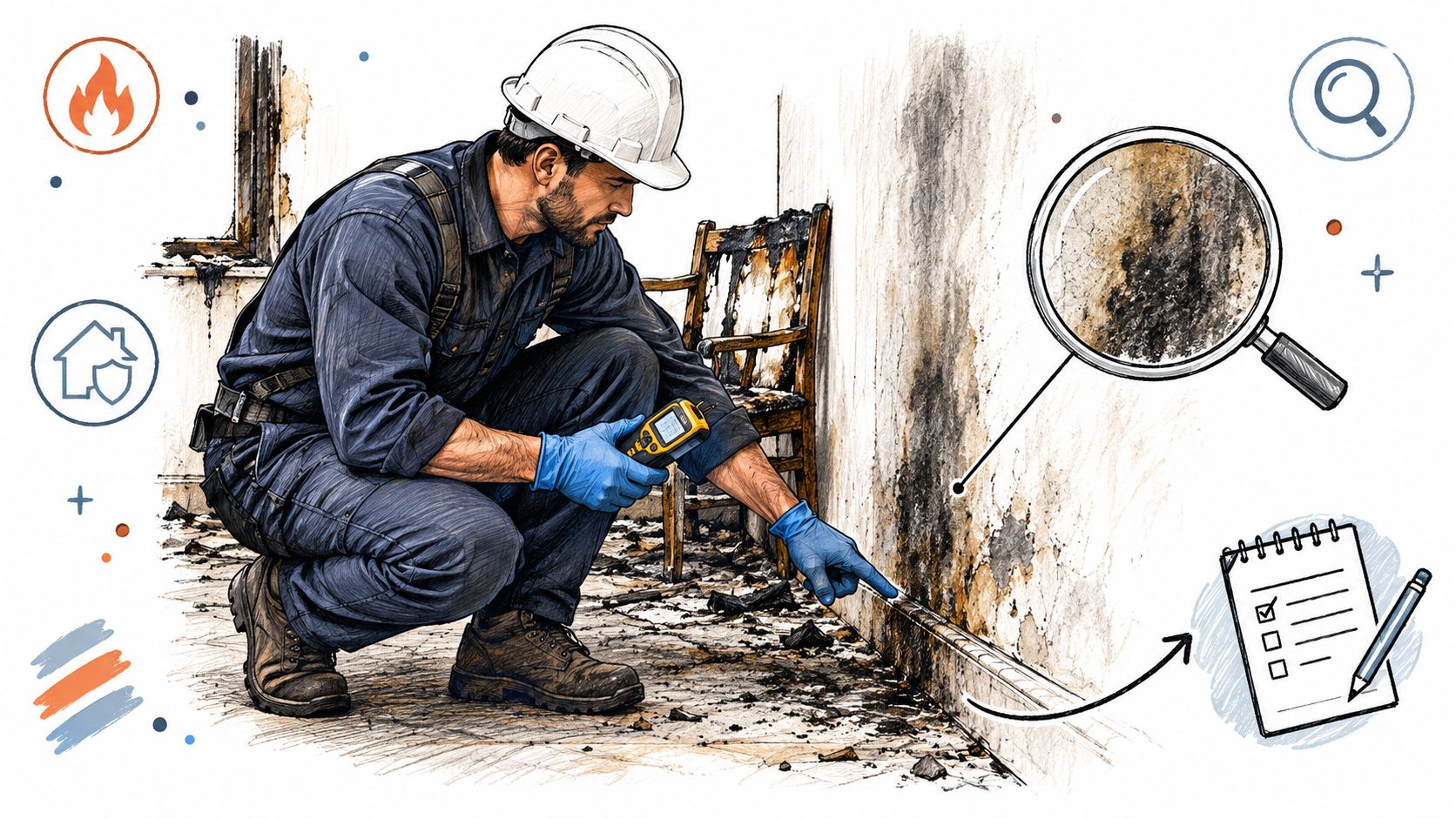 A professional restoration technician examining water and fire damage on a wall during an inspection.