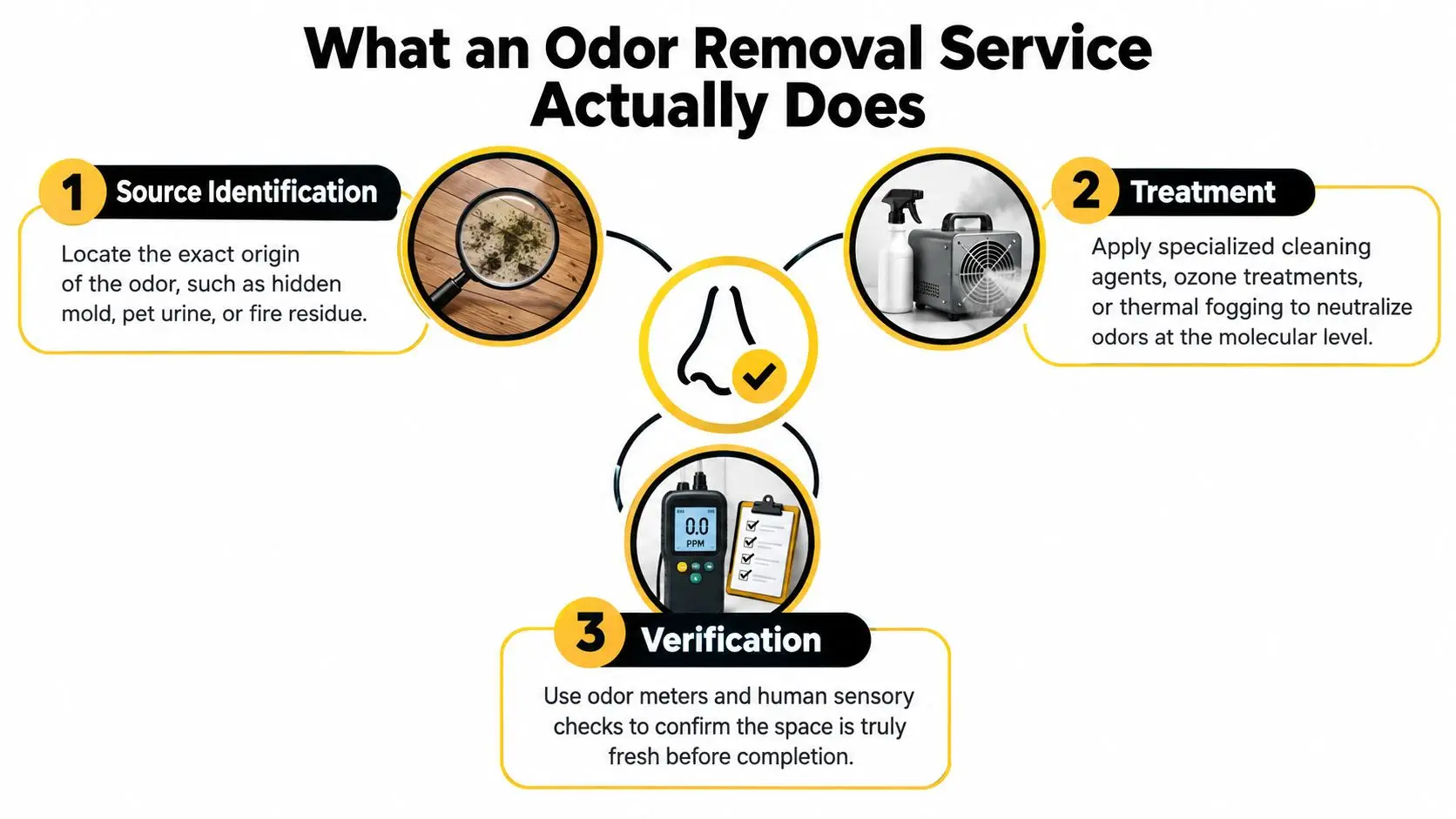 An infographic showing the three-step process of professional odor removal: source identification, specialized treatment, and final verification.