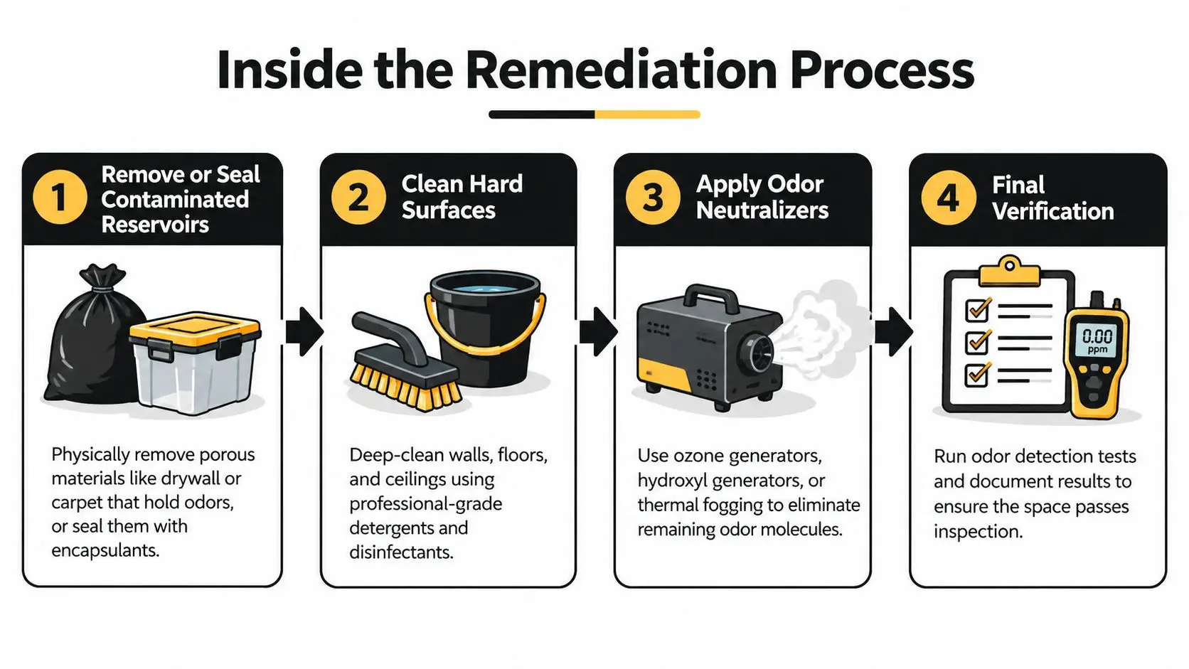 A four-step infographic illustrating the professional odor remediation process from source removal to final verification.