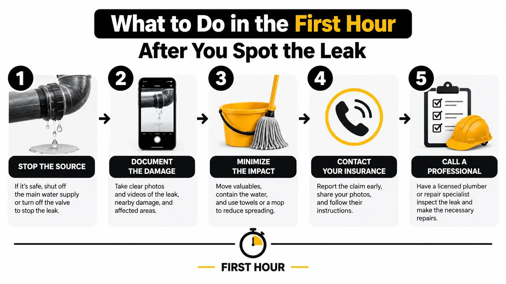 A five-step infographic showing how to manage household water leaks during the first hour after discovery.