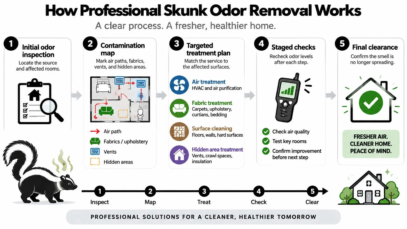 An infographic detailing the five steps of professional skunk odor removal services for residential homes.
