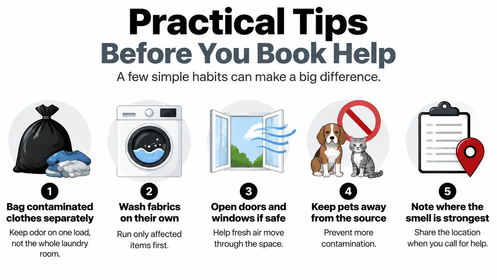 An infographic titled Practical Tips Before You Book Help with five numbered steps for managing household odors.