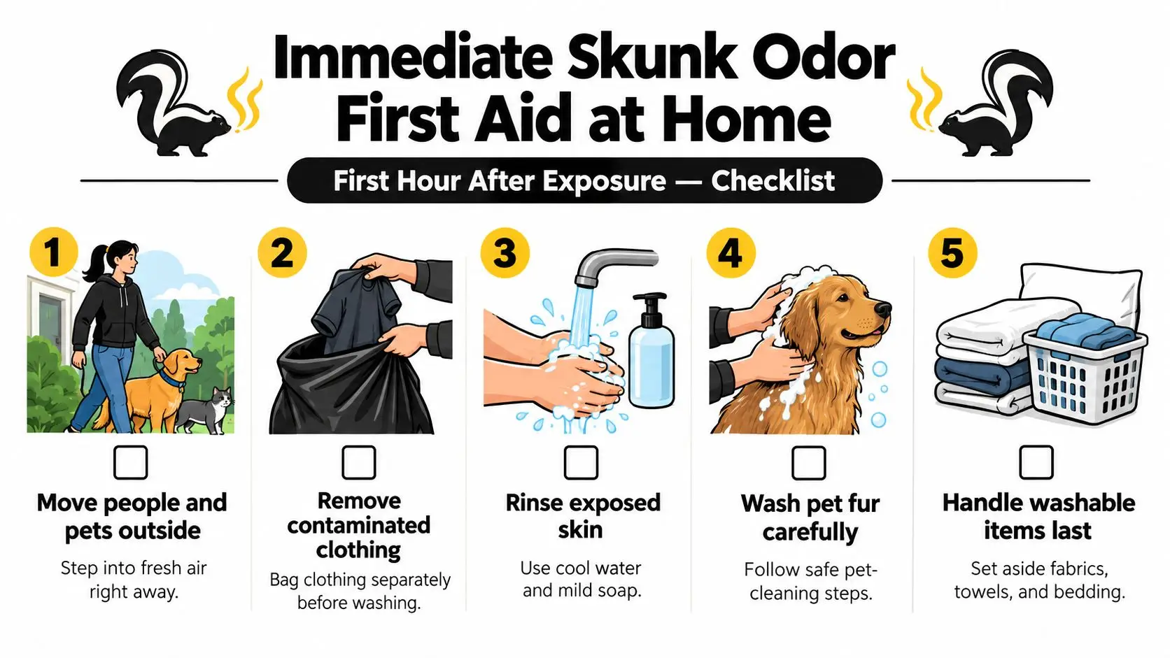 An infographic checklist showing five simple steps for immediate first aid after exposure to skunk odor.