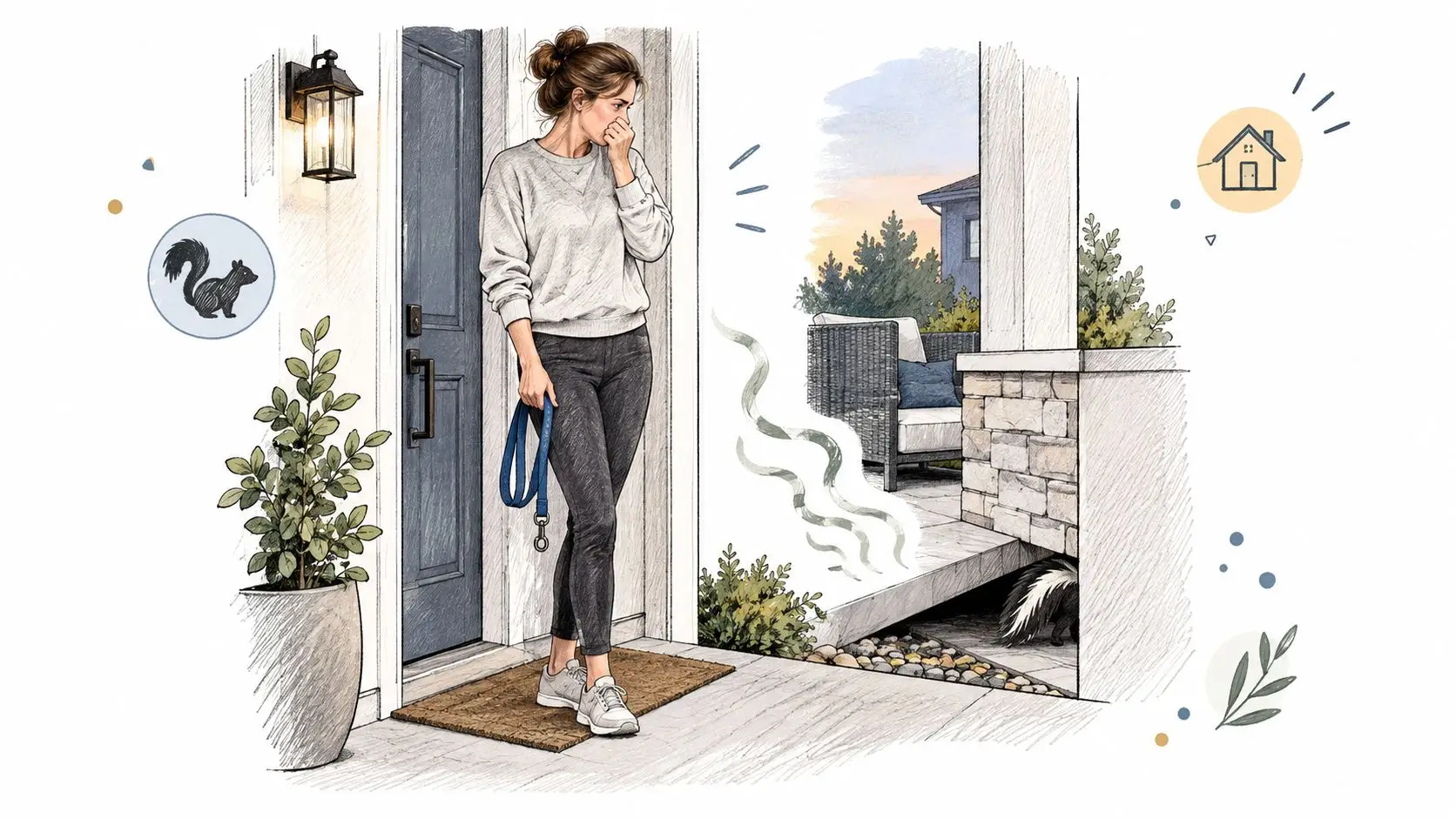 A woman covering her nose in disgust as she steps outside to find a skunk hiding nearby.