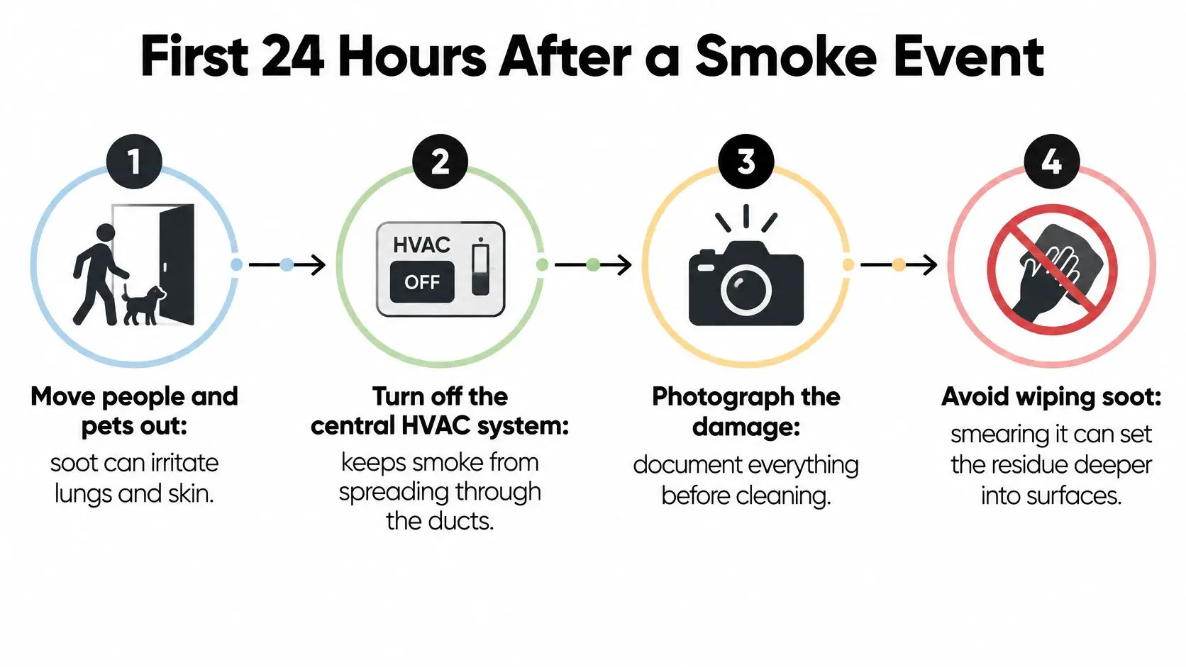 A four-step infographic showing how to handle the first 24 hours after experiencing smoke damage.