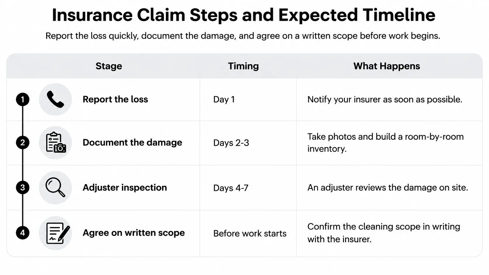 A table outlining four insurance claim steps, including reporting, documenting damage, inspections, and agreeing on written scopes.