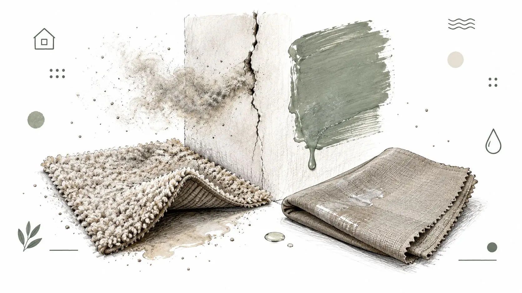 Visual representation of home restoration service showing smoke damaged carpet, a cracked wall, and cleaning cloth.