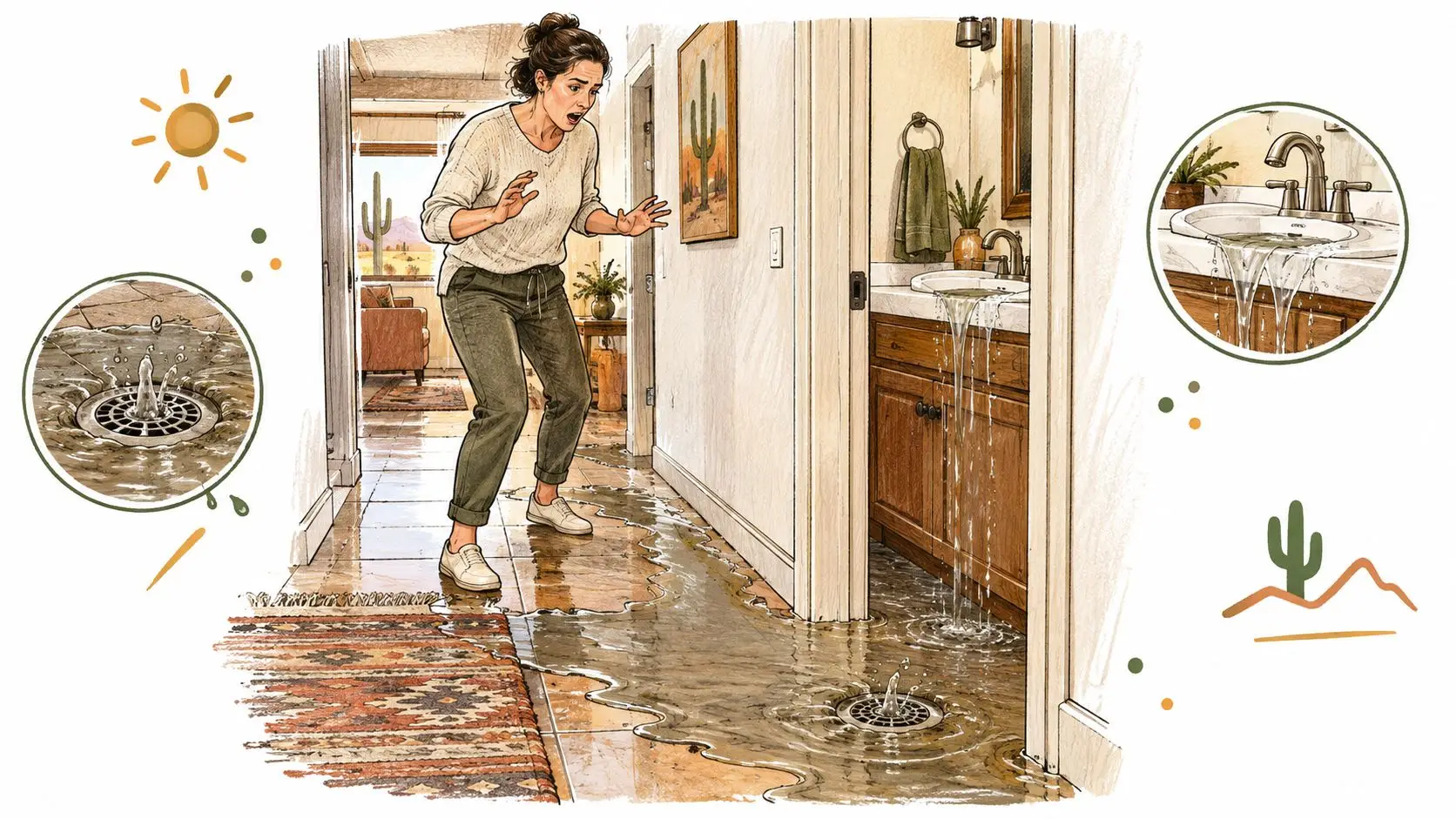 A concerned woman stands in a flooded hallway as water overflows from a sink and floor drain.