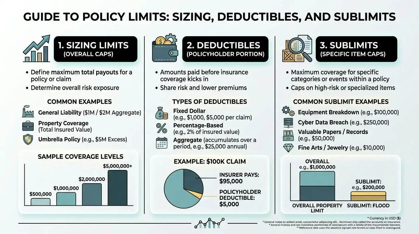 An infographic titled Guide to Policy Limits explaining insurance sizing, deductibles, and sublimits with visual examples.