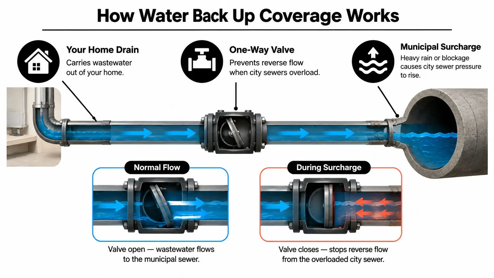 A diagram explaining water back up coverage using a one-way valve to prevent sewer backflow into homes.