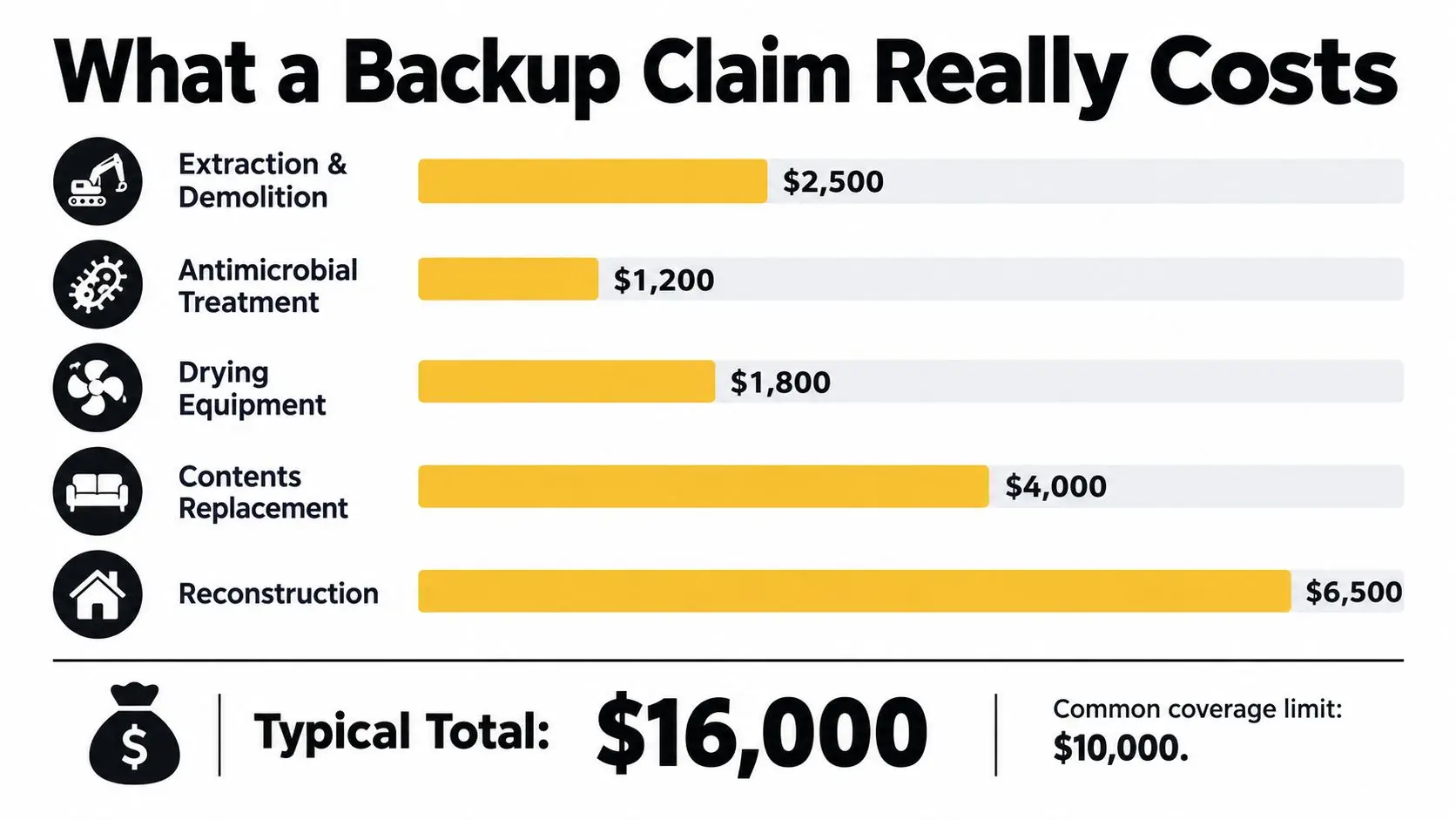 A bar chart illustrating the individual costs of a water backup insurance claim totaling sixteen thousand dollars.