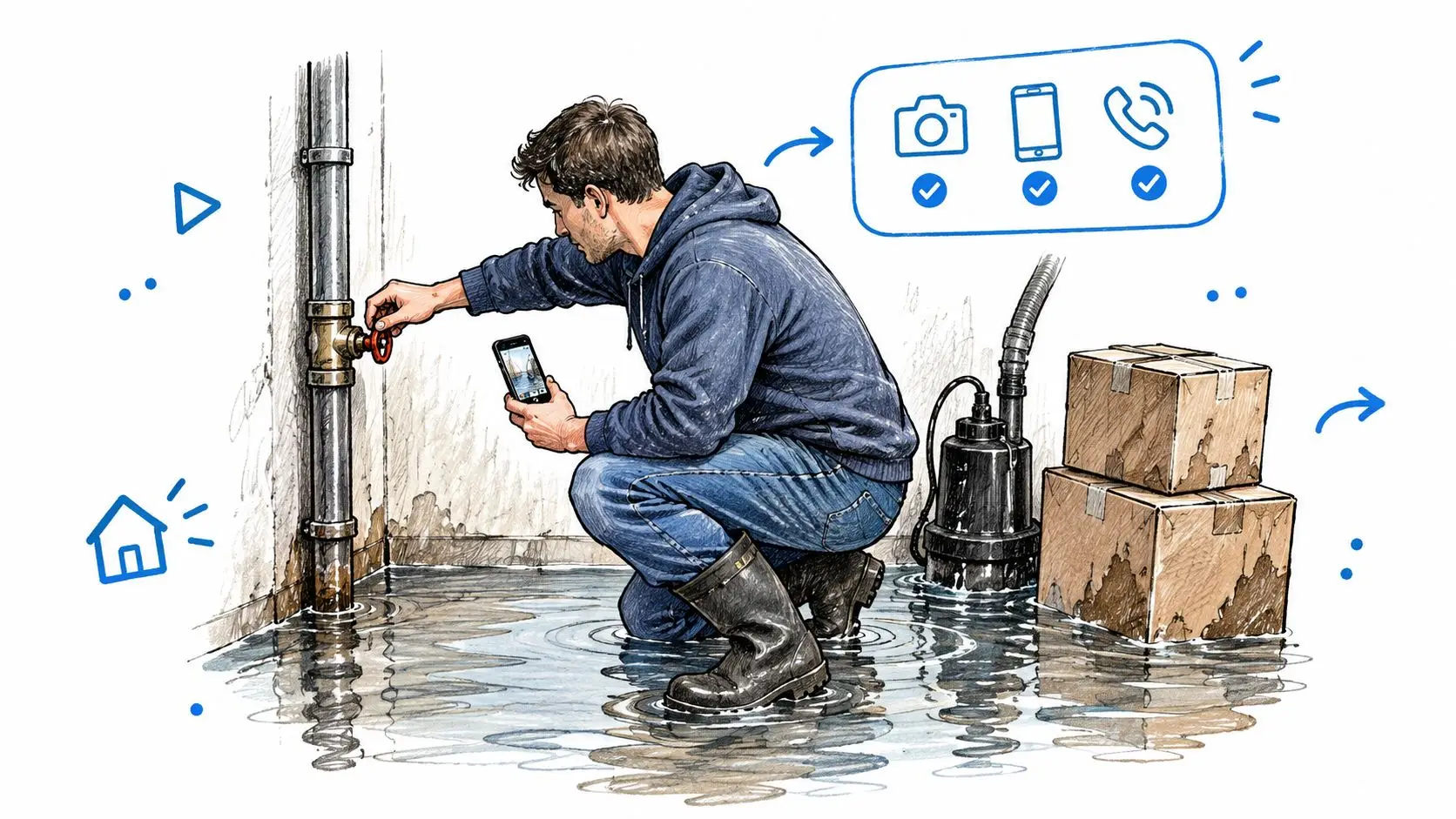 A man in boots kneels in a flooded basement taking photos with his phone for insurance documentation.