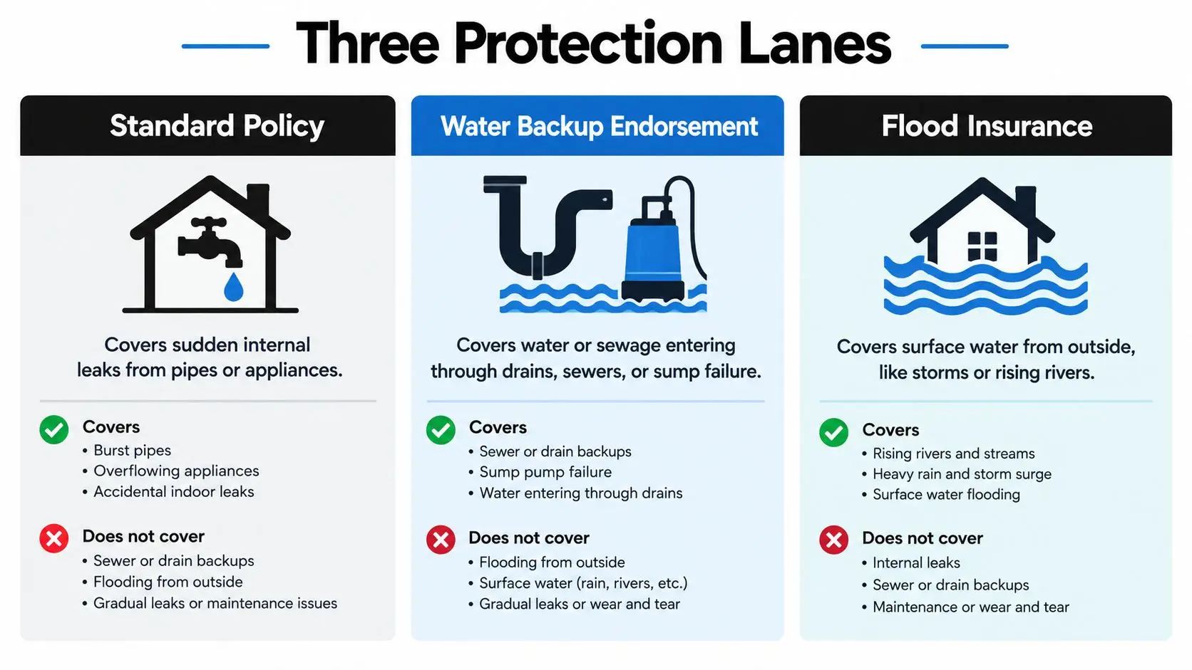 An infographic comparing three types of water-related insurance protection: Standard Policy, Water Backup Endorsement, and Flood Insurance.