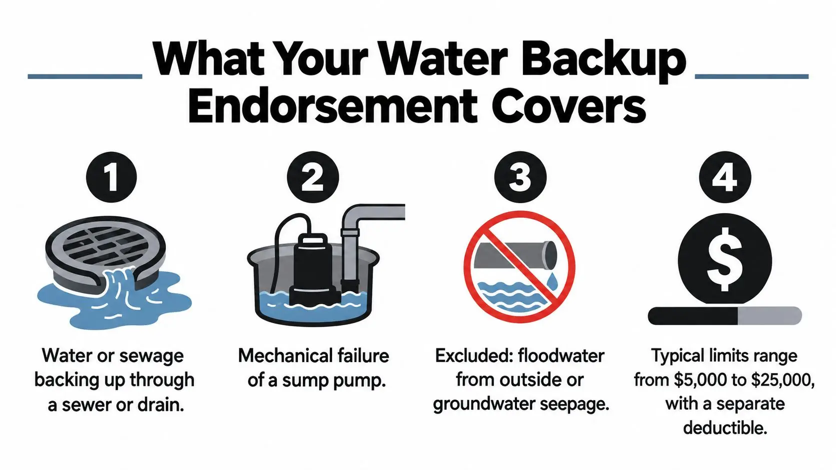 An infographic titled What Your Water Backup Endorsement Covers showing four points about insurance coverage for home water damage.