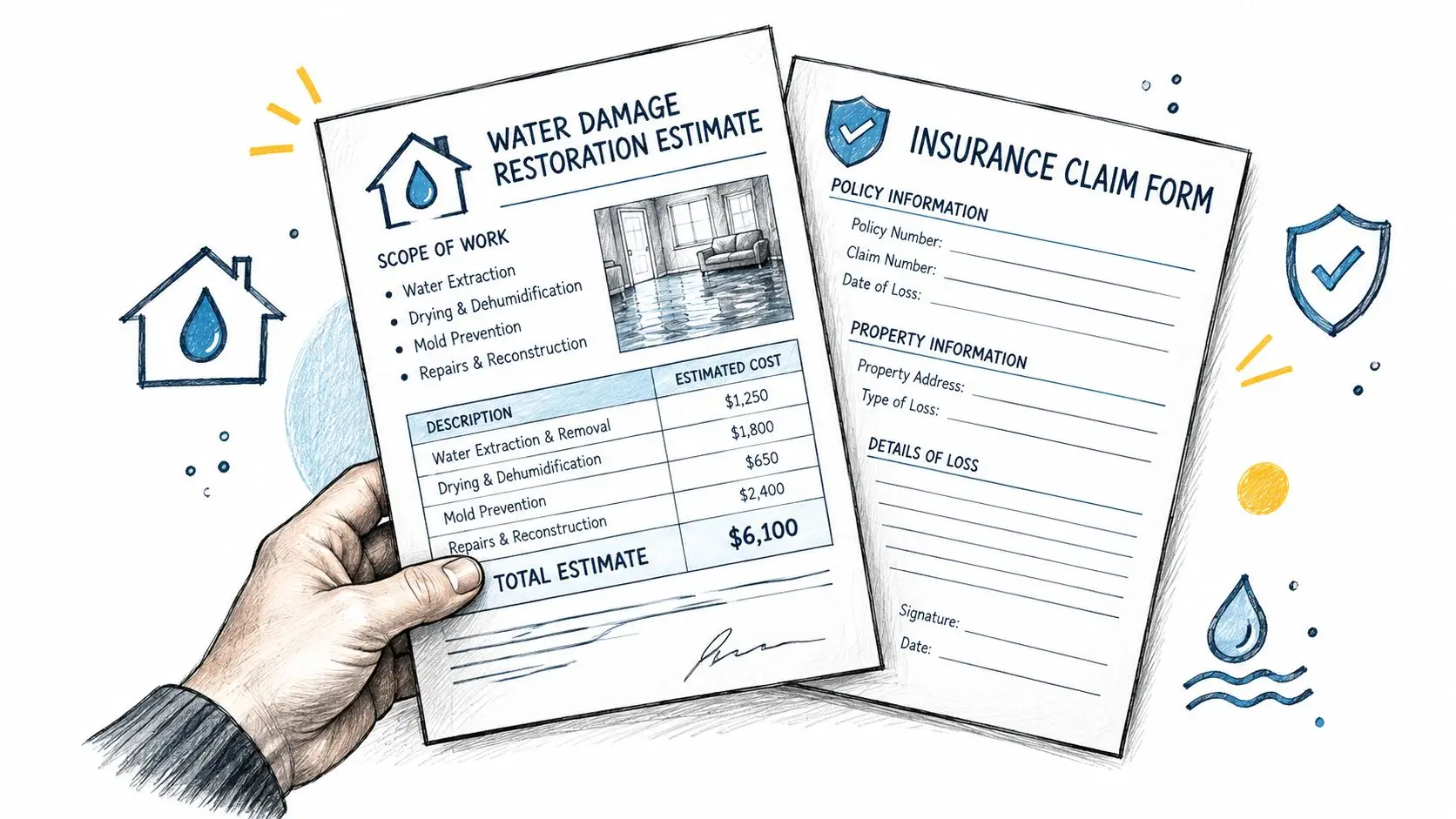 A hand holding a water damage restoration estimate form next to an insurance claim form document.
