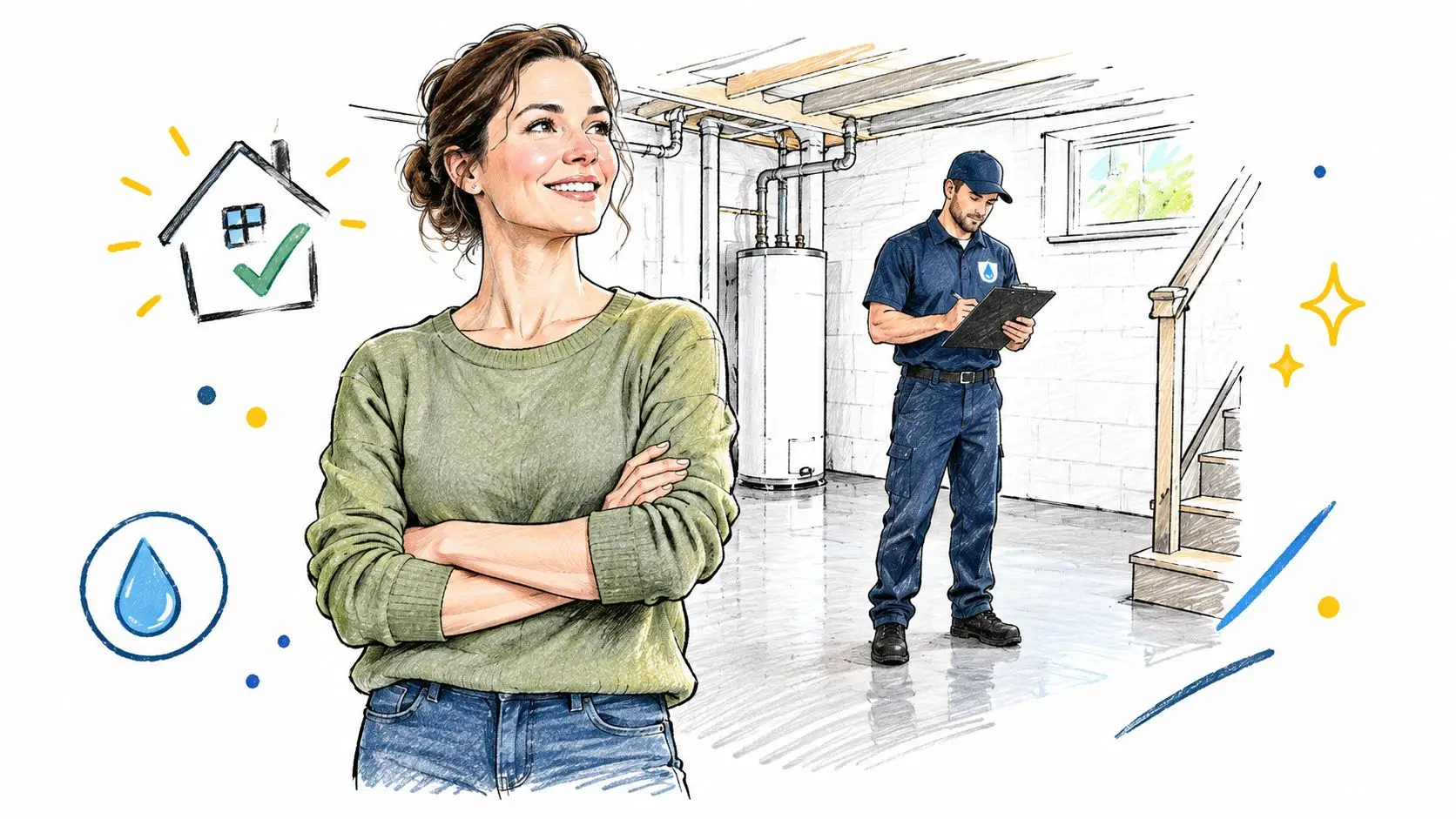 A smiling woman standing confidently while a professional plumbing technician inspects a residential basement water system.