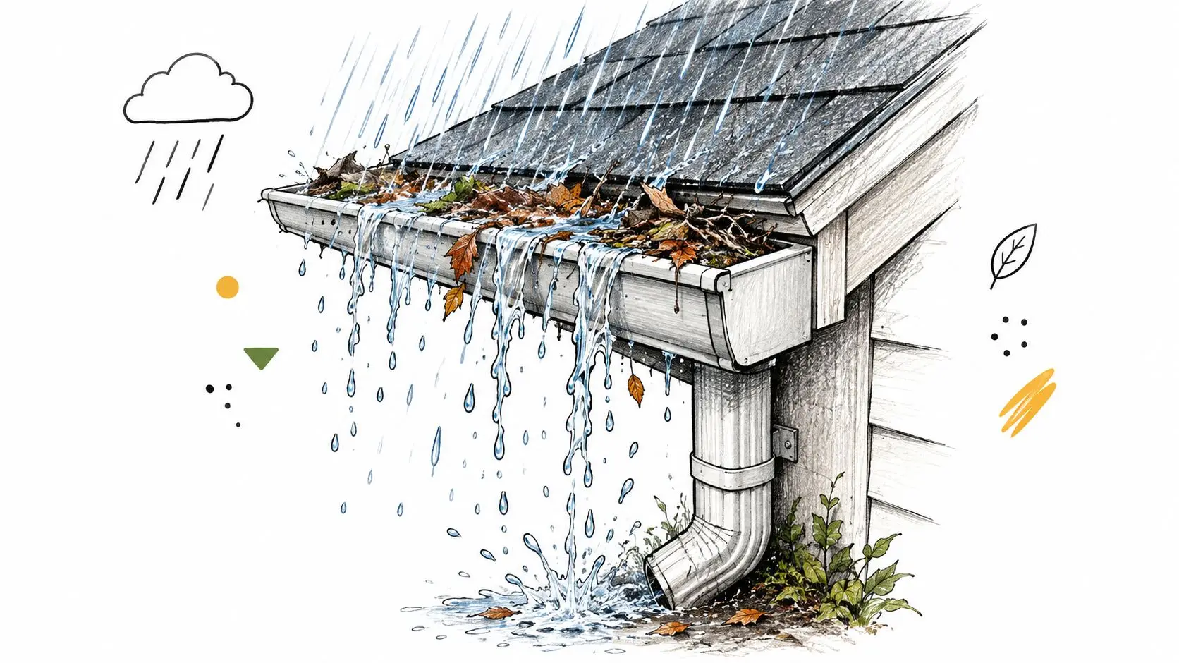 A house gutter clogged with dry leaves overflowing during a heavy rainstorm causing water damage.