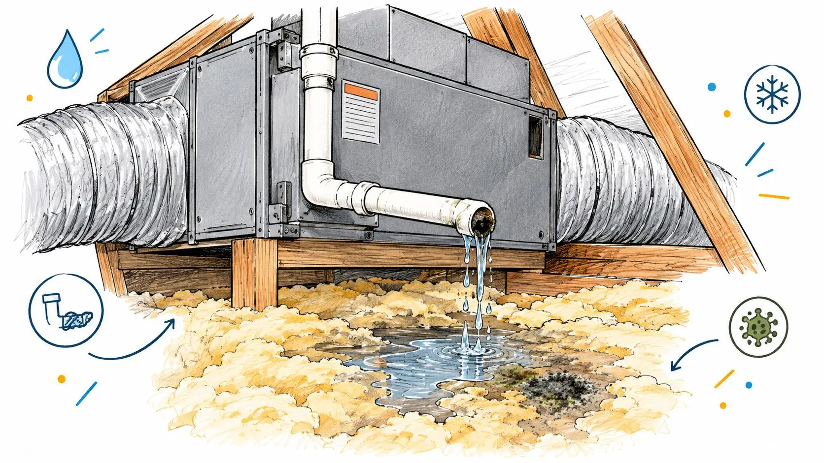 A leaking attic HVAC unit causing water damage and mold growth in the home insulation below.