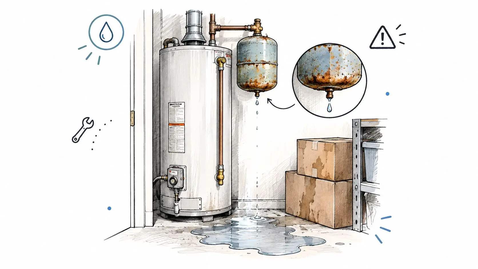 A water heater with a leaking expansion tank causing water damage to nearby storage boxes in a basement.